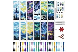 ACRNIGHEET 12PCS Cross Stitch Bookmark Kit for Adult Beginners, Landscape Pattern Stamped Embroidery Bookmark, Needlework Kit with Instructions, Size 8.5''x3''