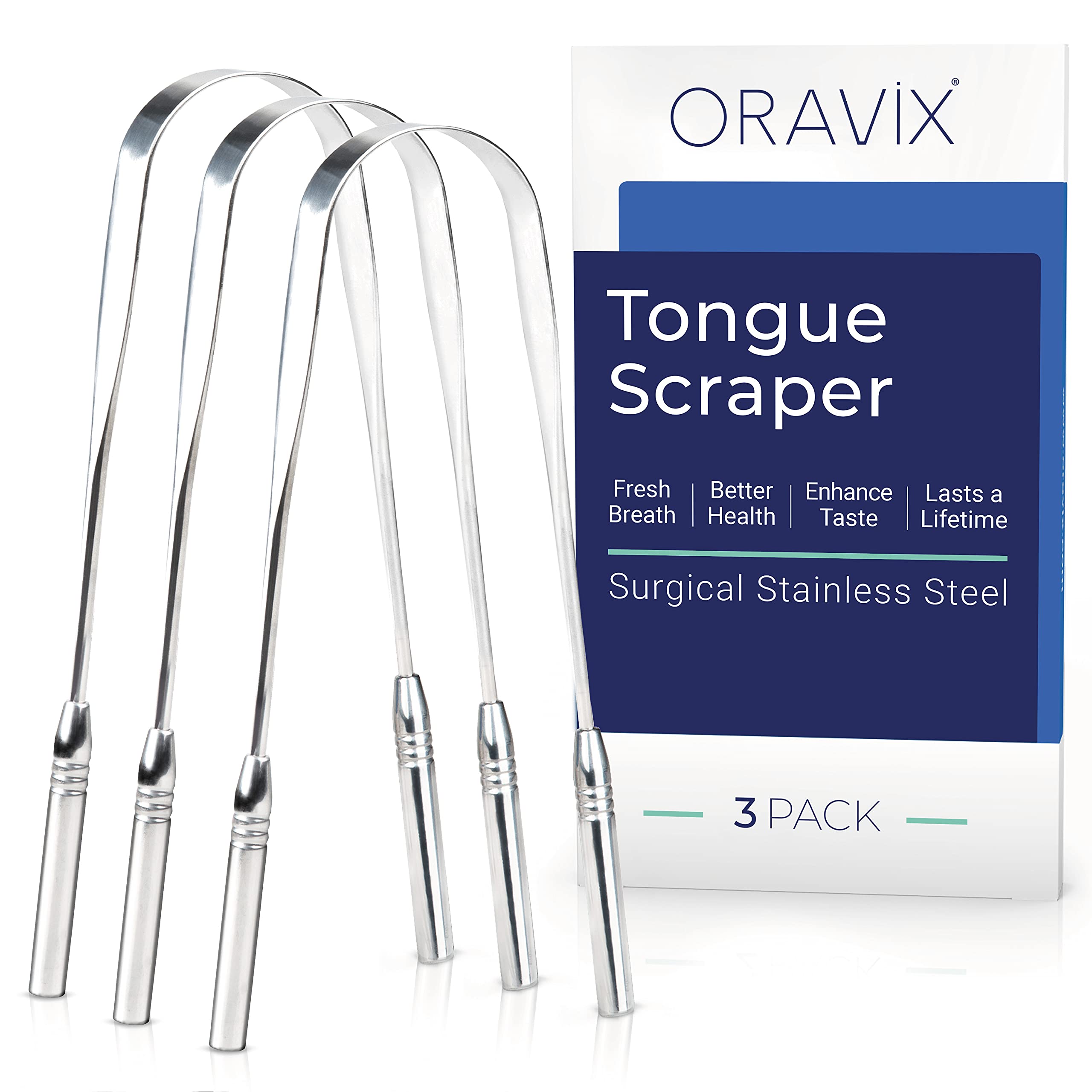 Tongue Scraper Stainless Steel | Three-pack | Tongue Cleaner | for a Fresh Breath and Better Oral Health | Stainless Steel Tongue Scraper | Tongue Cleaner for Kids and Adults | ORAVIX