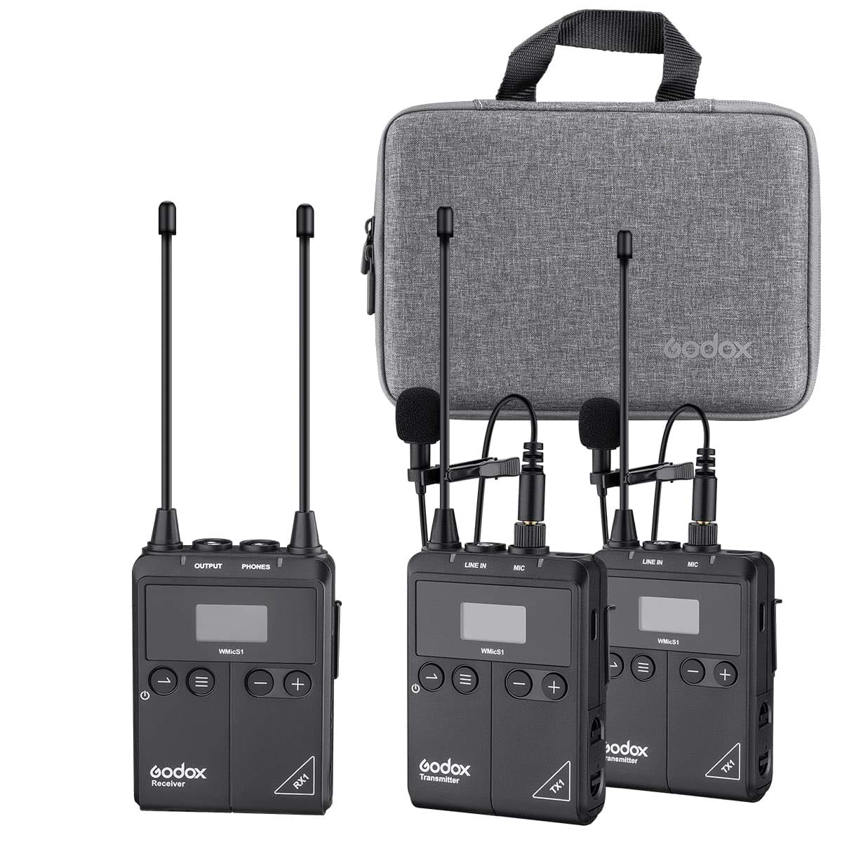 Godox Pro Real-time Monitoring Wireless Lavalier Microphone System WMicS1 Kit, 2x Transmitter TX1 + 1x Receiver RX1 with HD OLED, 96 Channel, Anti-image Interference, Adjustable RF, Long Endurance