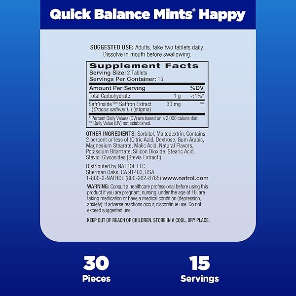 NATROL QUICK BALANCE HAPPY MINTS, OCCASIONAL STRESS RELIEF SUPPLEMENT, 30 MINTS, 15 DAY SUPPLY
