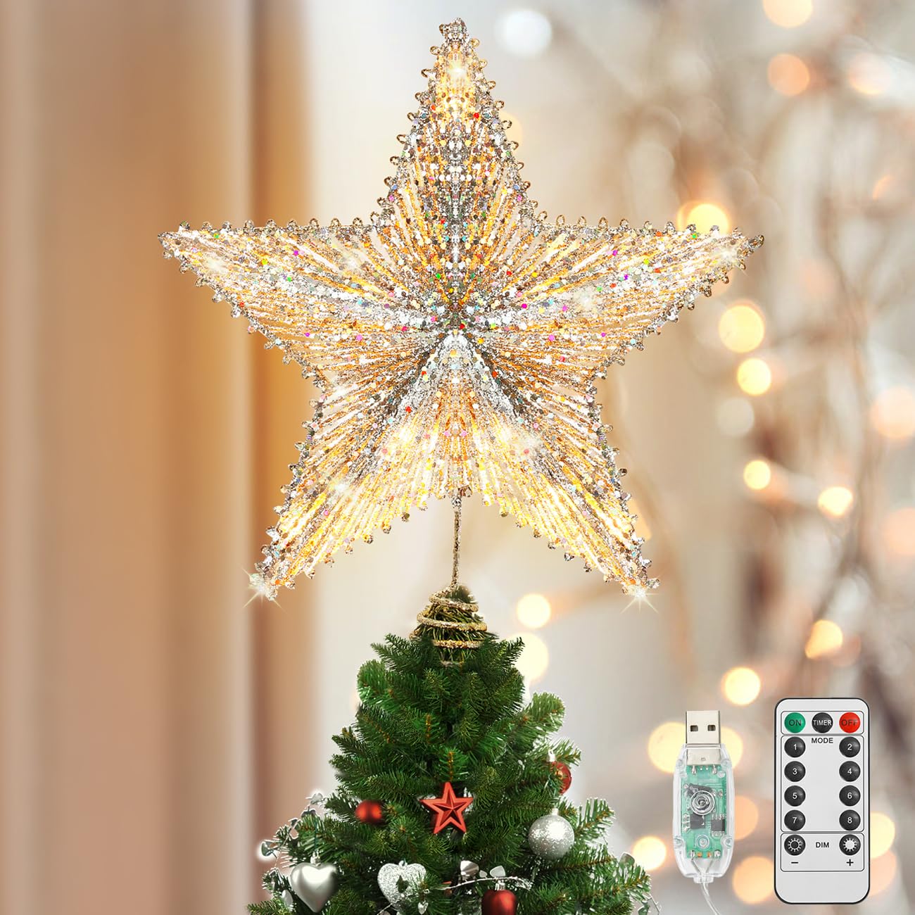 Luxspire Christmas Tree Topper, 3D Lighted Christmas Tree Star with Remote & USB, Star for Christmas Tree Top, 9.8" Christmas Star for Holiday Decorations, 6H Timer & 8 Lighting Modes, Champagne Gold