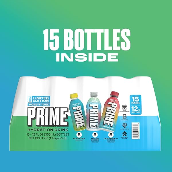 PRIME HYDRATION VARIETY SPORTS DRINKS, ELECTROLYTE ENHANCED TO REPLENISH FLUIDS, 177MG BCAAS, B VITAMINS, ANTIOXIDANTS, LOW SUGAR, 12 FL OZ (PACK OF 15)