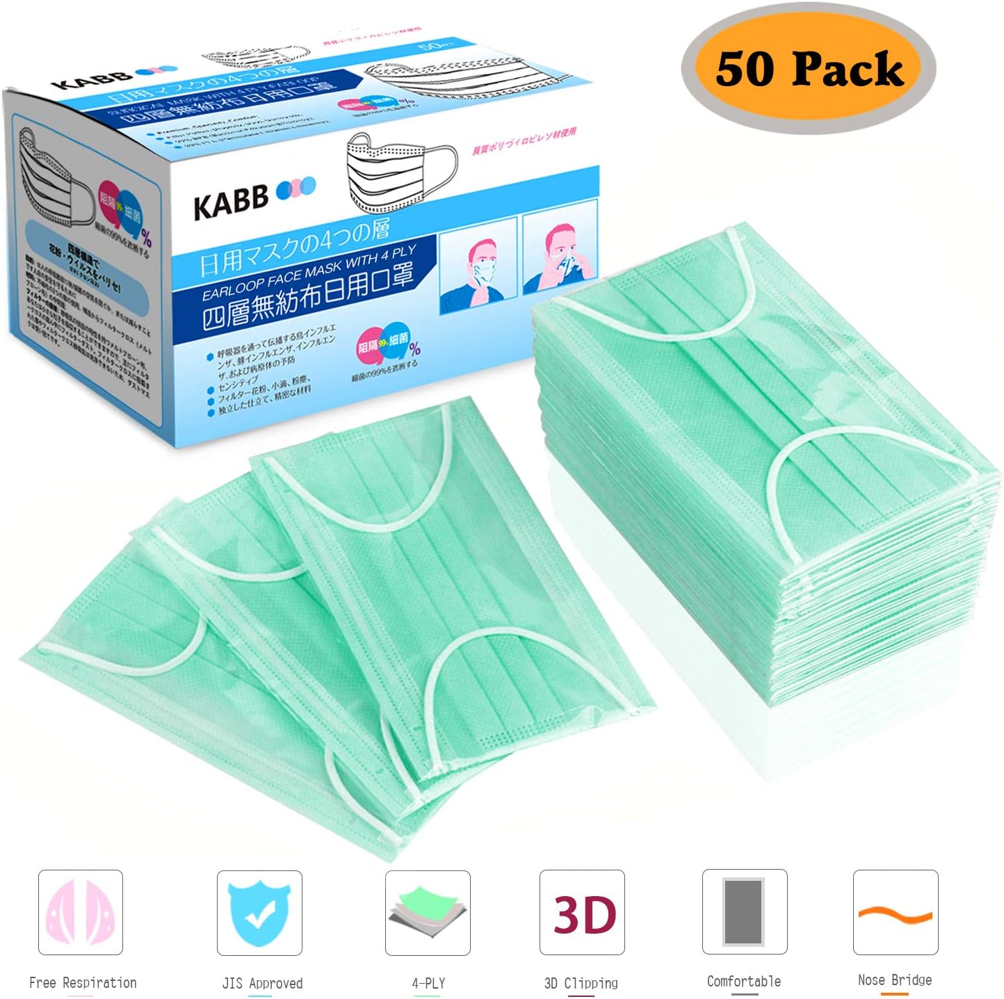 Disposable Face Mask, KABB Japanese Individually Wrapped Earloop Face Masks, 4 Ply Thicker Hypoallergenic Mask, Procedure Mask for Daily Use 50 Pcs (Green)