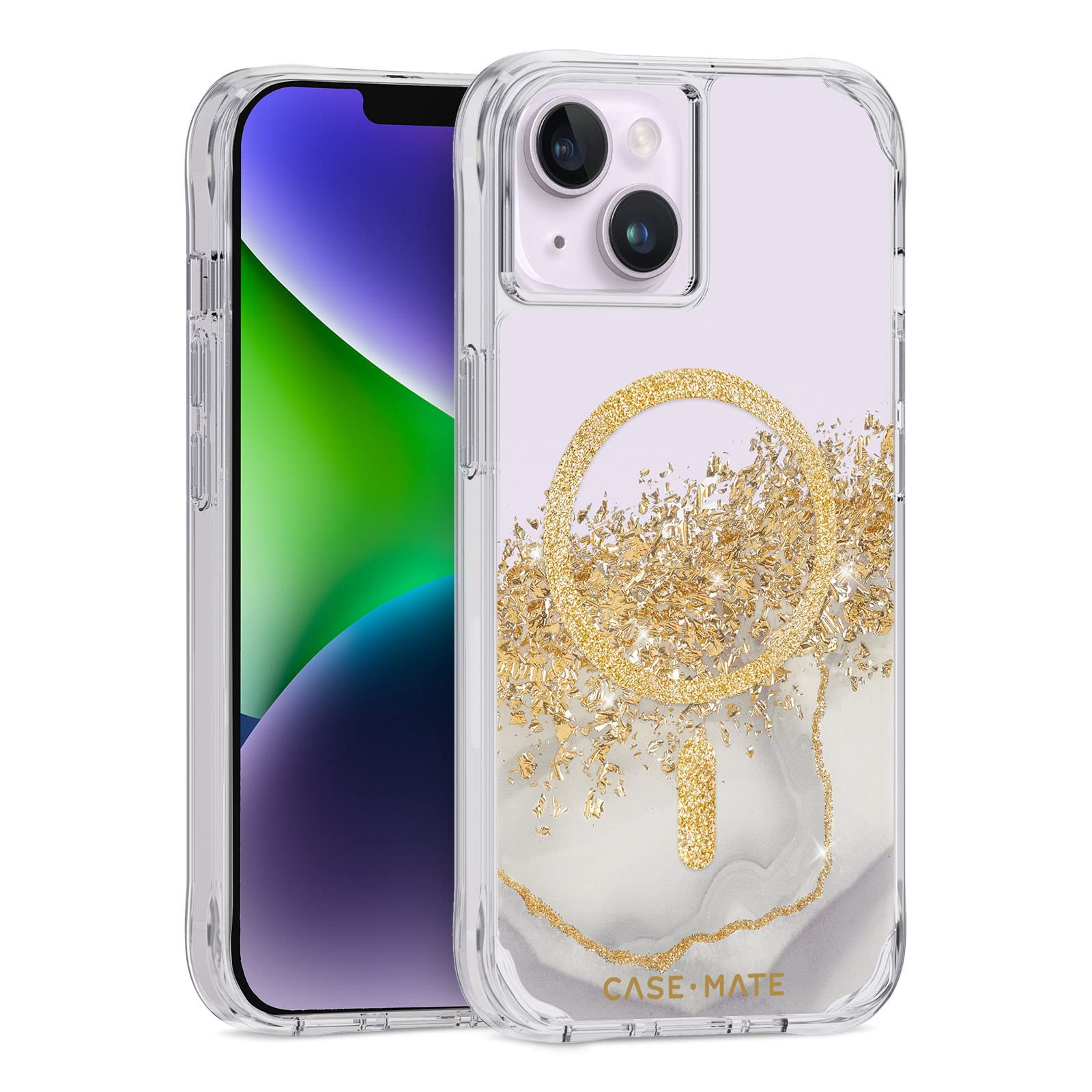 Case-Mate Carat Marble MagSafe protective cover compatible with Apple iPhone 14 Plus case gold [Shockproof | Genuine 24 Carat Gold Leaf | 10ft drop protection | Recycled material] - Marble/Clear
