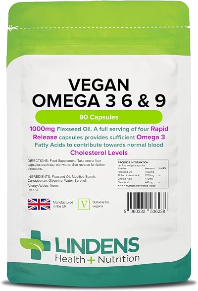 Lindens Vegan Omega 3 6 9 90 Capsules 1000mg Flaxseed UK Made
