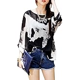 Vanbuy Womens Summer Printed Batwing Sleeve Top Chiffon Poncho Casual Loose Sheer Blouse Shirt