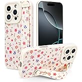 Jefonha Case for iPhone 16 Pro 6.3 inch Silicone Phone Case with Strap for Women Girls Cute Floral Flowers Design, Adjustable Finger Strap Kickstand Protective Cover, Floral