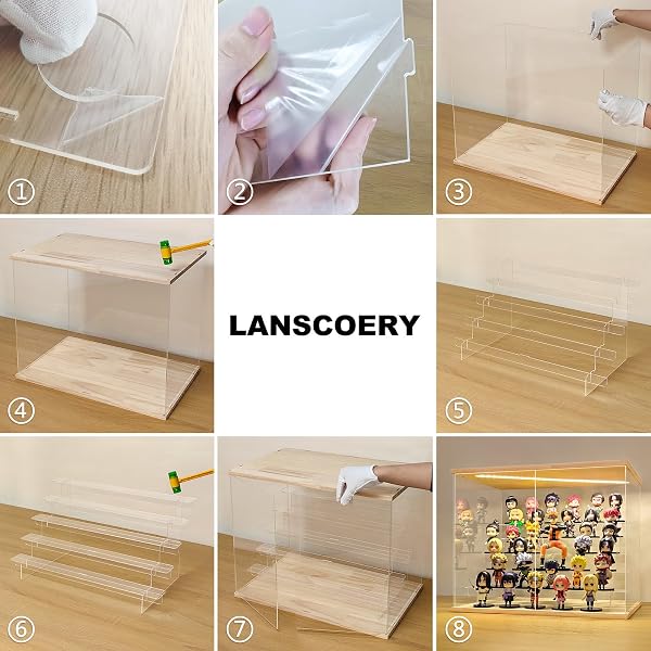 LANSCOERY LED LIGHTED ACRYLIC DISPLAY CASE, 6 TIER DISPLAY BOX FOR COLLECTIBLES AND ACTION FIGURES, CLEAR DUSTPROOF ORGANIZER WITH WOODEN BASE – 22.8X11.9X14.7INCH