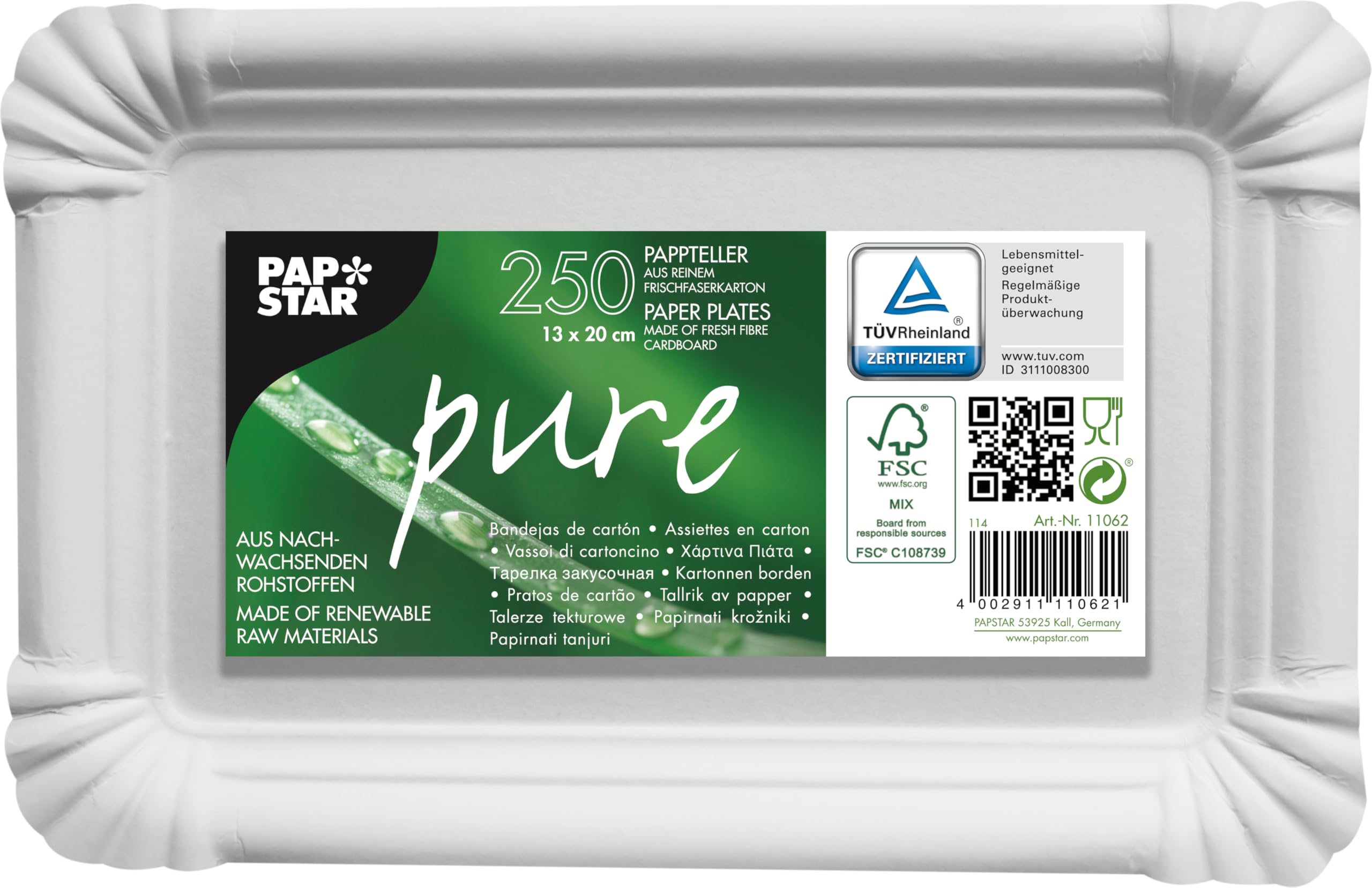 PAPSTAR Pure 11062 250 Cardboard Tray 13 x 20 cm Rectangular White