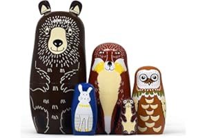 Tphon Russian Nesting Dolls Bear Wooden Matryoshka Dolls for Kids Handmade Cute Cartoon Animals Pattern Nesting Doll Toy Stacking Doll Set of 5