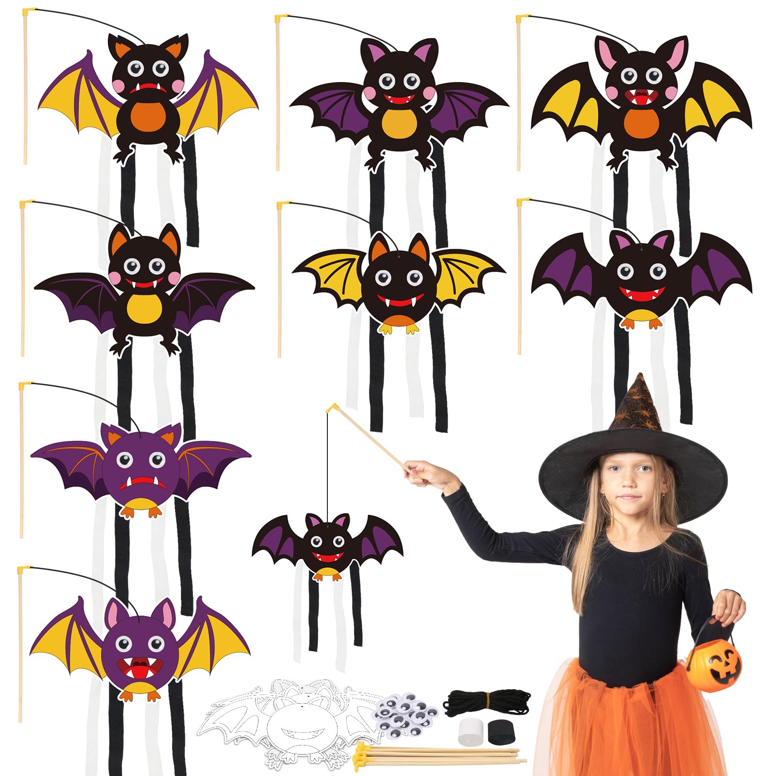 MONCAP 8Pcs Halloween Bat Craft Decoration Kits Halloween Handheld Dangling Bat Colouring Art and Crafts for Kids DIY Halloween Hanging Decoration Indoors Outdoors