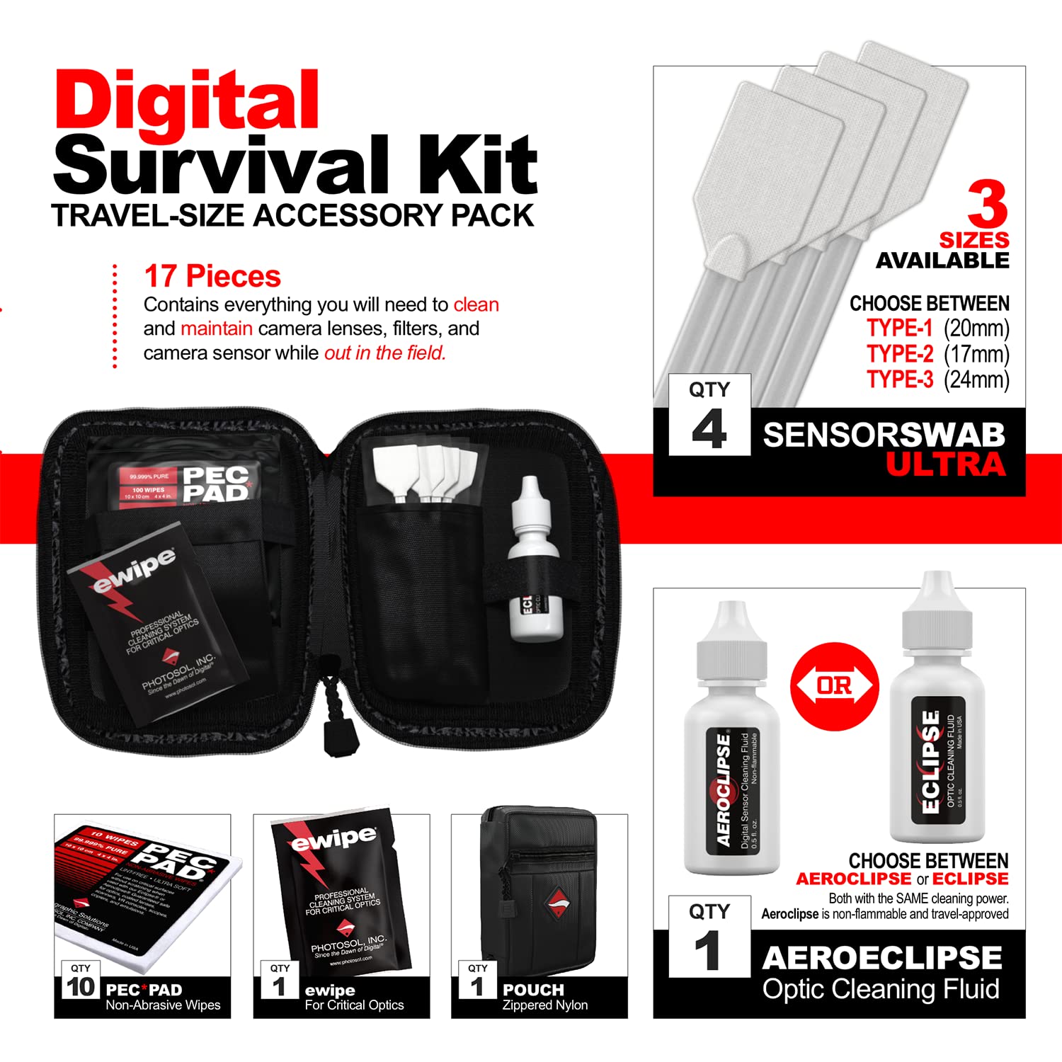 Photographic Solutions Digital Survival Kit - Type-3 (24mm) Sensor Swabs, PEC-PAD Photo Wipes, E-Wipe Packet, Aeroclipse Optic Cleaner Non-Flamable Solution - Camera Cleaning Kit with Travel Bag