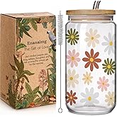 Cute Daisy Floral Aesthetic 16oz Glass Cups with Lids and Straws Gifts for Women Coffee Lovers Friend Girls Mom, Christmas Wildflower Coffee Cup Glass Tumbler Gifts for Sister Her Bridesmaid Party