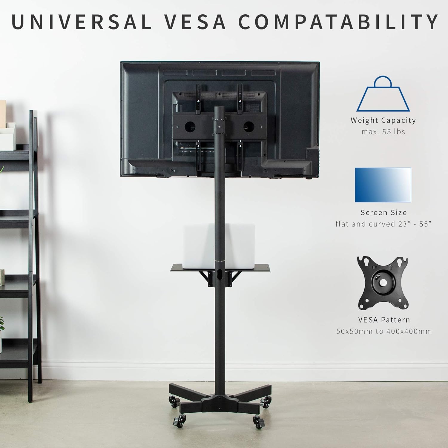 VIVO Universal Mobile TV Cart for 23-55 inch LCD LED Flat Panel Screen TVs up to 55 lbs, Pro Height Adjustable Rolling Black Stand with Laptop Shelf, Locking Wheels - Max VESA 400x400 (STAND-TV04M) : Office Products