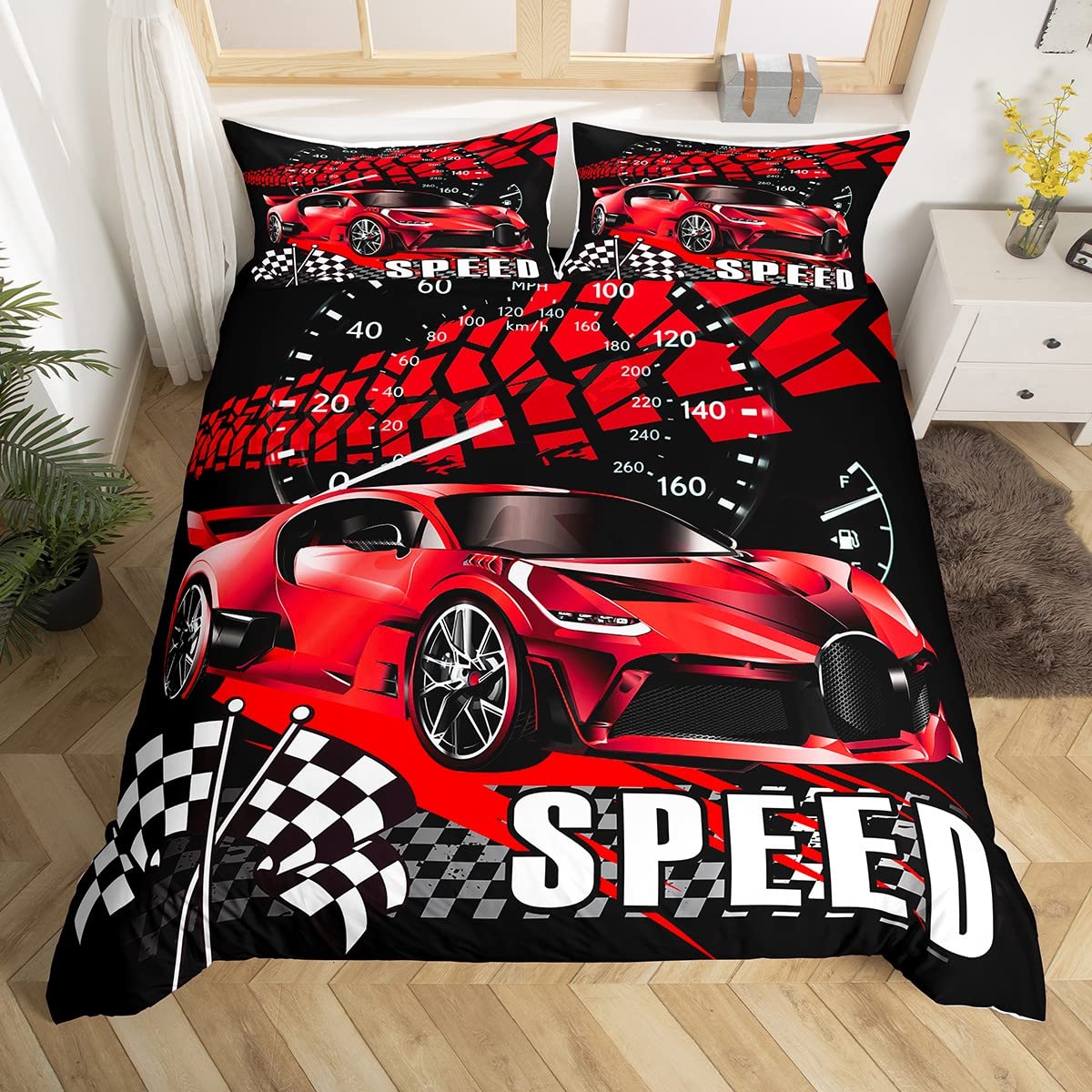 Race Sports Car Duvet Cover Extreme Sports Bedding Set Car Sports Competition Comforter Cover for Boys Girls Red Bedspread Cover Single Size 2Pcs