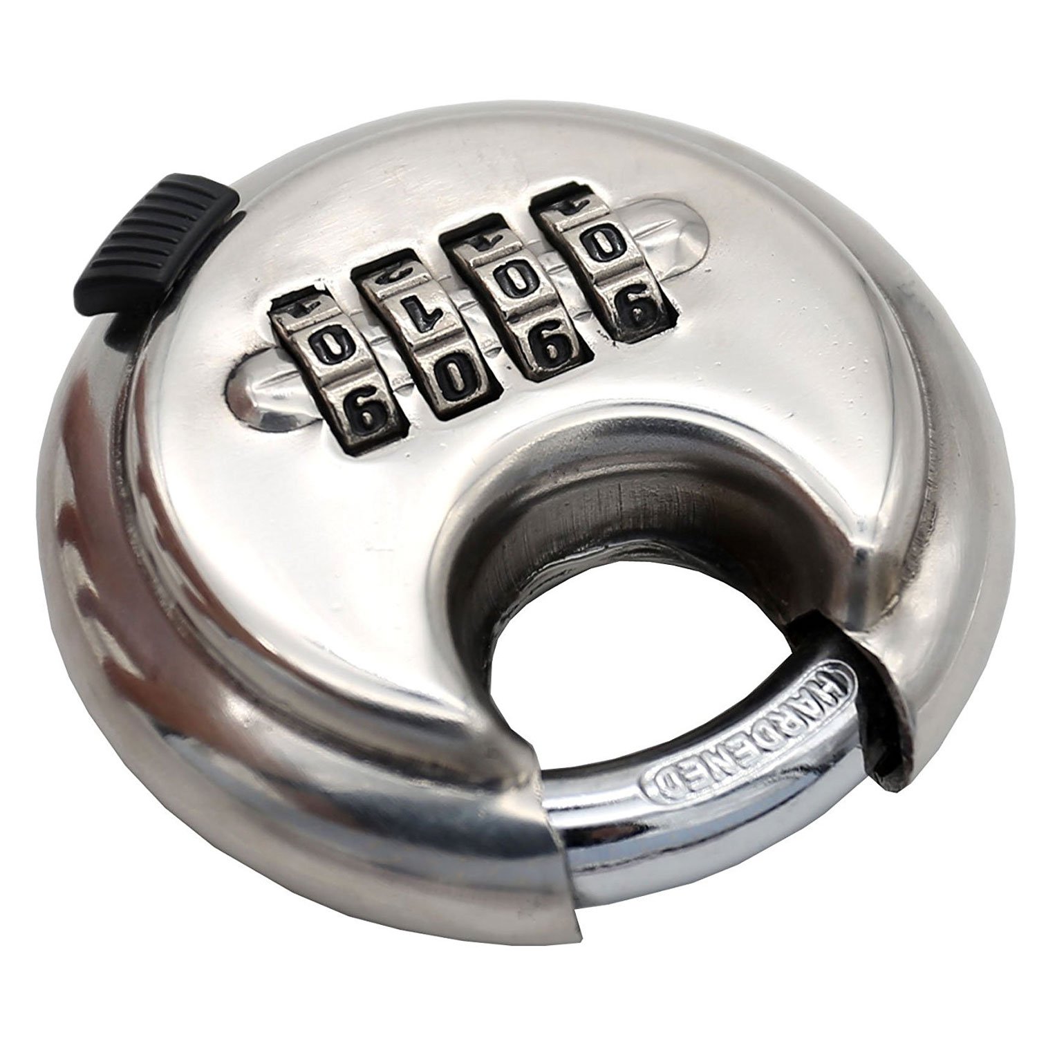 Large 4 Digital Combination disc Padlock Stainless Steel Rust Door Warehouse Outdoor Round Cake Tray Padlock Discus Lock with Hardened Steel Shackles Shelf Storage Unit Silver Lock School Gym