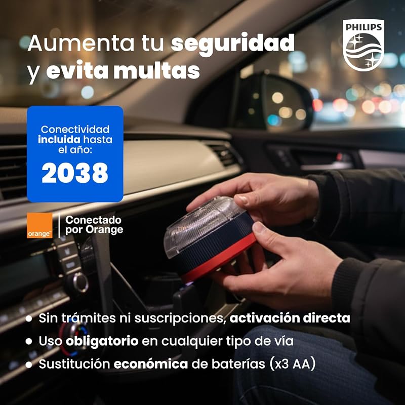 Baliza de Emergencia V16 con Geolocalización y Conexión DGT 3.0 – Homologada, Plan de Datos Incluido, Base Magnética, Alta Visibilidad 1km, Resistente Lluvia y Viento, Pilas AA inlcuidas