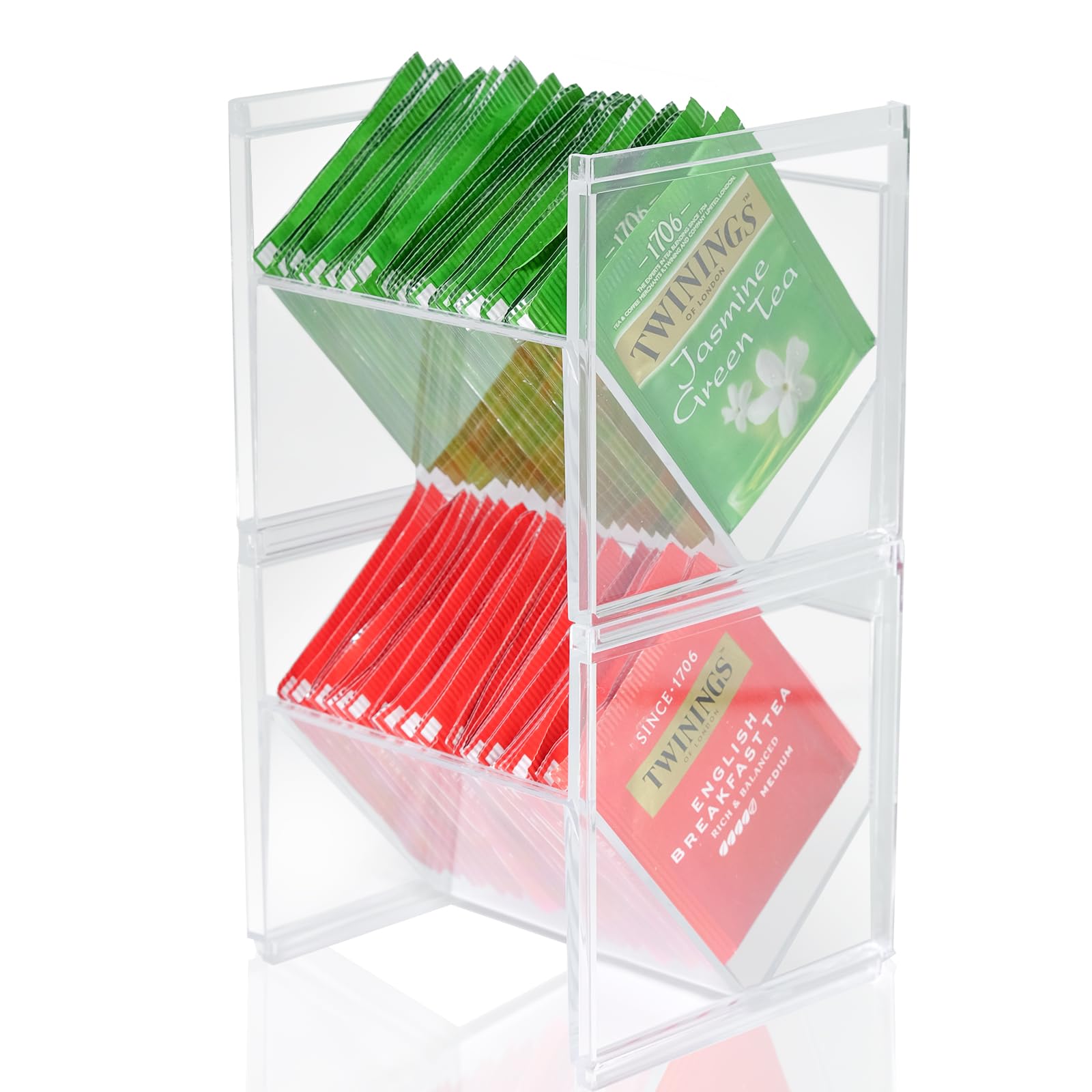 Photo 1 of Caylielam 2Pcs Tea Bag Storage Organizer, Stackable Clear Plastic Tea Holder and Coffee Pod Containers, Sugar Creamer Box for Drawer Countertop Cabinet Coffee Station, 4.6”Lx4.0”Wx4.3”H