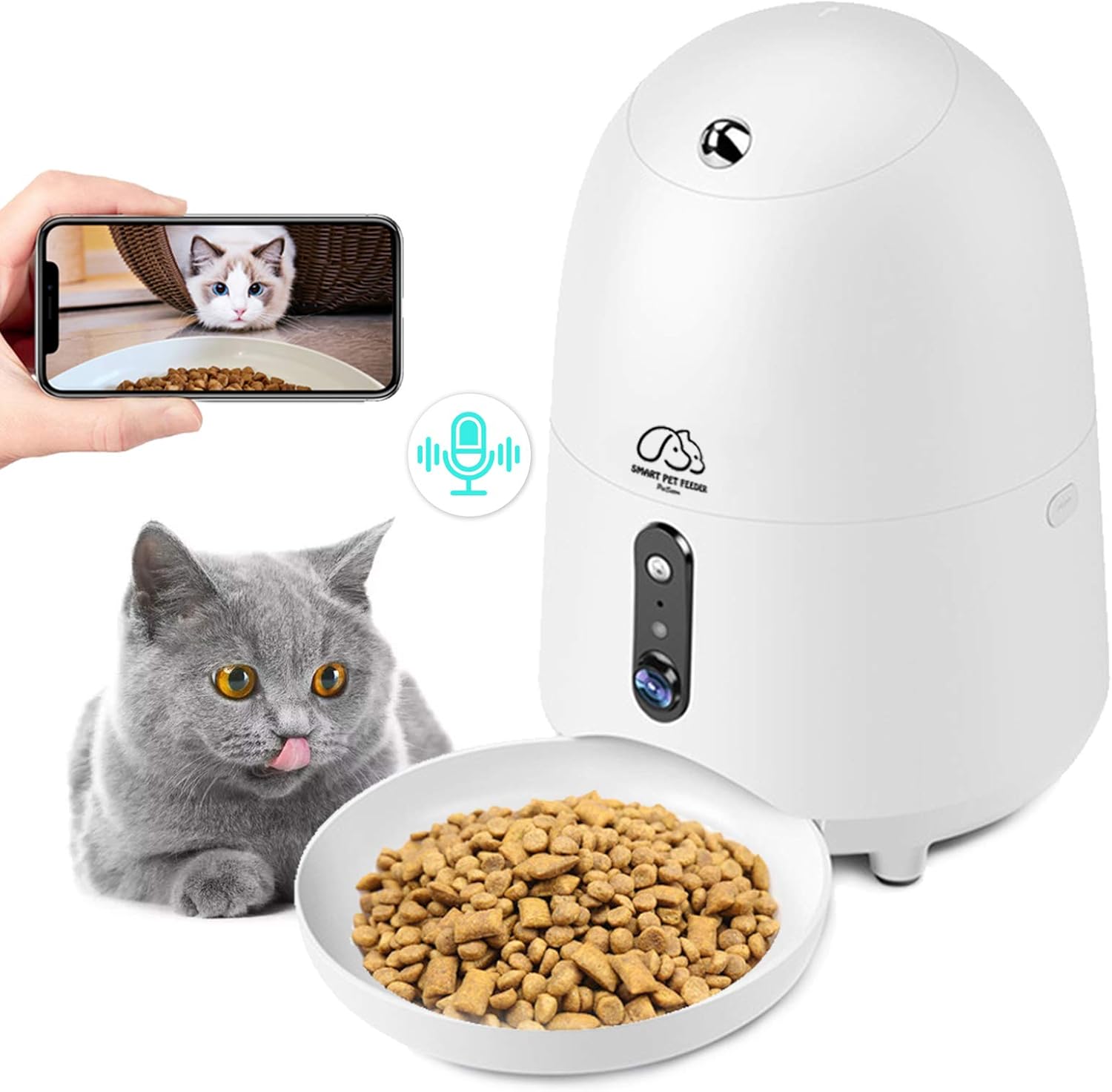 Automatic Cat Feeder with Night Vision, HD Camera WiFi Enabled Smart Auto Pet Feeder, Programmable Timed Dog Food Dispenser, Portion Control, Voice and Video Recording, App for iPhone and Android
