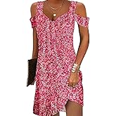 LOVESHOOT Women Cold Shoulder Dress 2025 Summer Casual Elegant Boho Floral V Neck Vintage Dresses for Beach Vacation