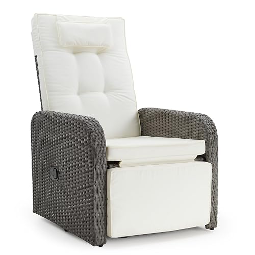Mondeer Garden Recliner Chair, PE Rattan Lounge Armchair with Adjustable Backrest and 360° Swivel Base for Garden Terrace Indoor and Outdoor, Grey and Beige