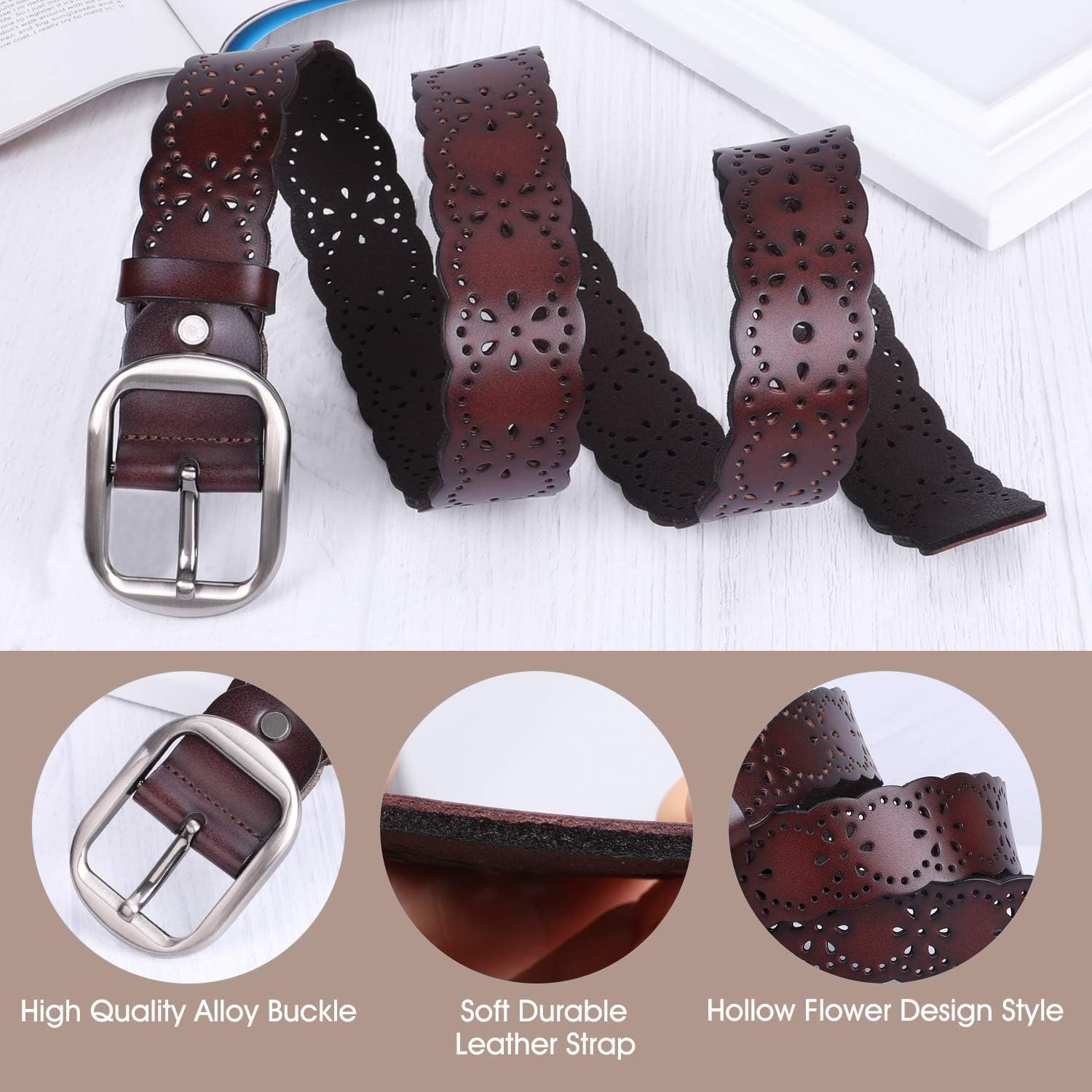 JASGOOD Women’s Hollow Flower Leather Belt for Jeans Pants Wide Belt for Ladies at  Women’s Clothing store