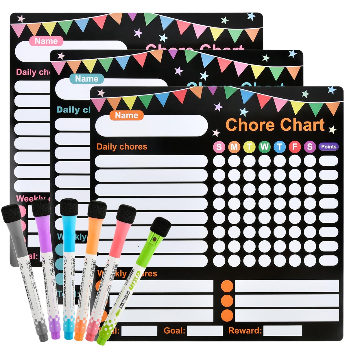 OctBird 3 Magnetic Sheets + 6 Pens to Do List, Meal Planner for Fridge, Menu Board for Kitchen, Chore Chart for Kids, Weekly Menu Board (Black Background)