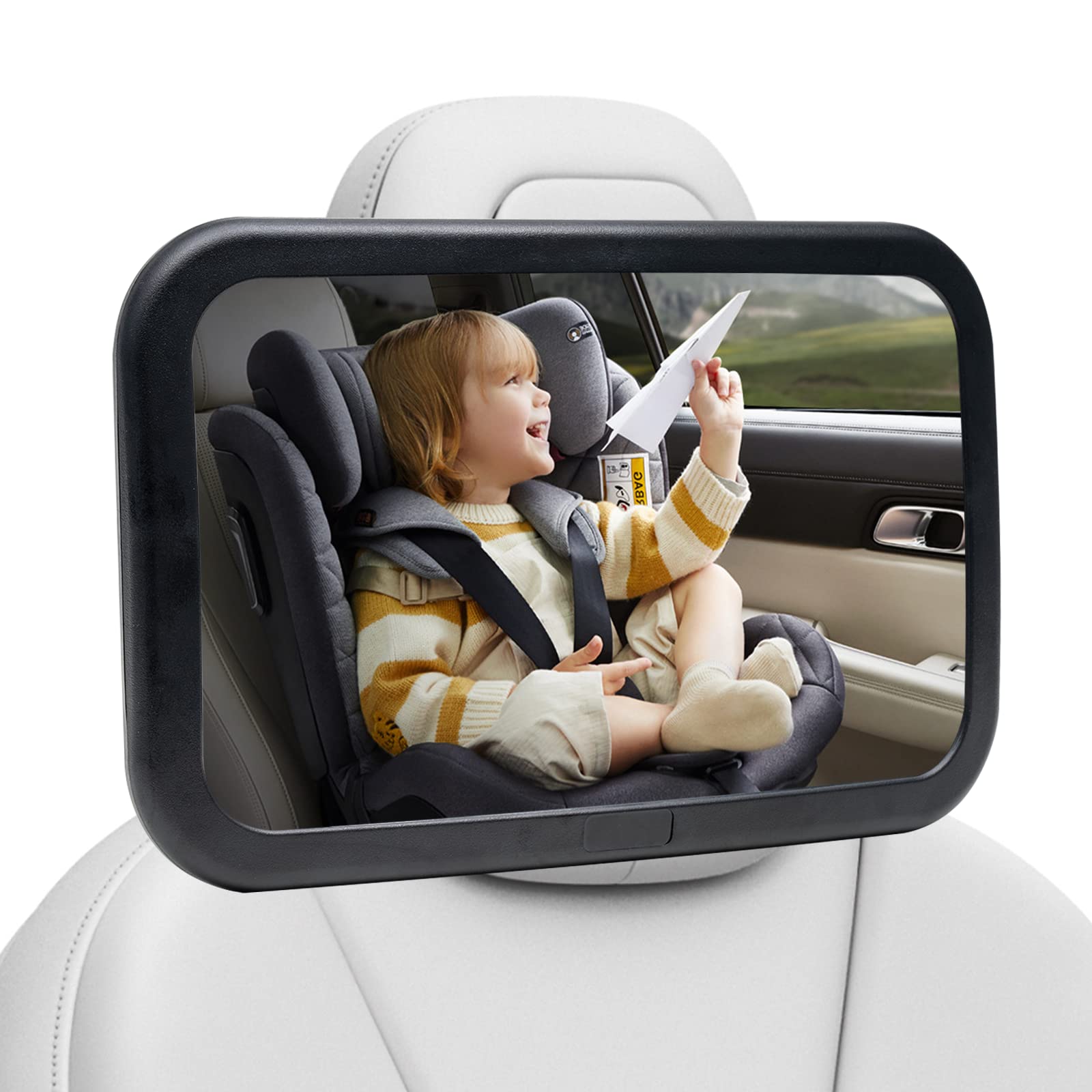 Mirror Car Baby Large 360° Car Mirror Baby Back Seat Shatter-Proof Large Field of View, Clear Image, Suitable for All Number of Headrests (30 x 19 cm)