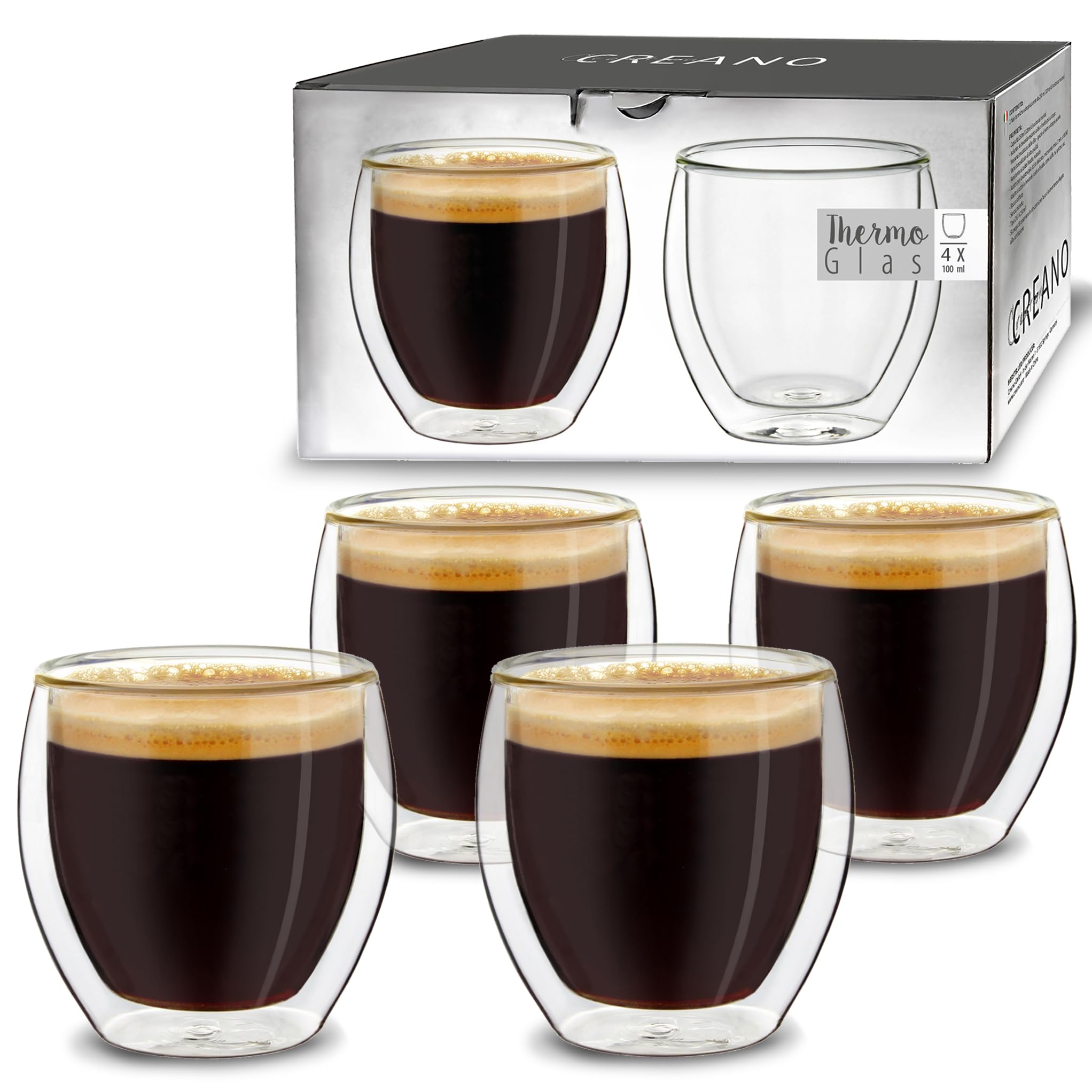 Creano Double Walled Espresso Glasses 100ml - Insulated Coffee Cups - Handmade Heat Resistant Glass - 4 pcs (Pack of 1)