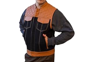 Ovlan Mens Hybrid Motorcycle Full Grain Leather and Bull Denim Heavy Duty Vest
