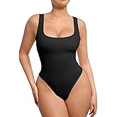 FeelinGirl Tummy Control Bodysuit Square Neck Thong Bodysuits Seamless Backless Ribbed Going Out Tank Tops
