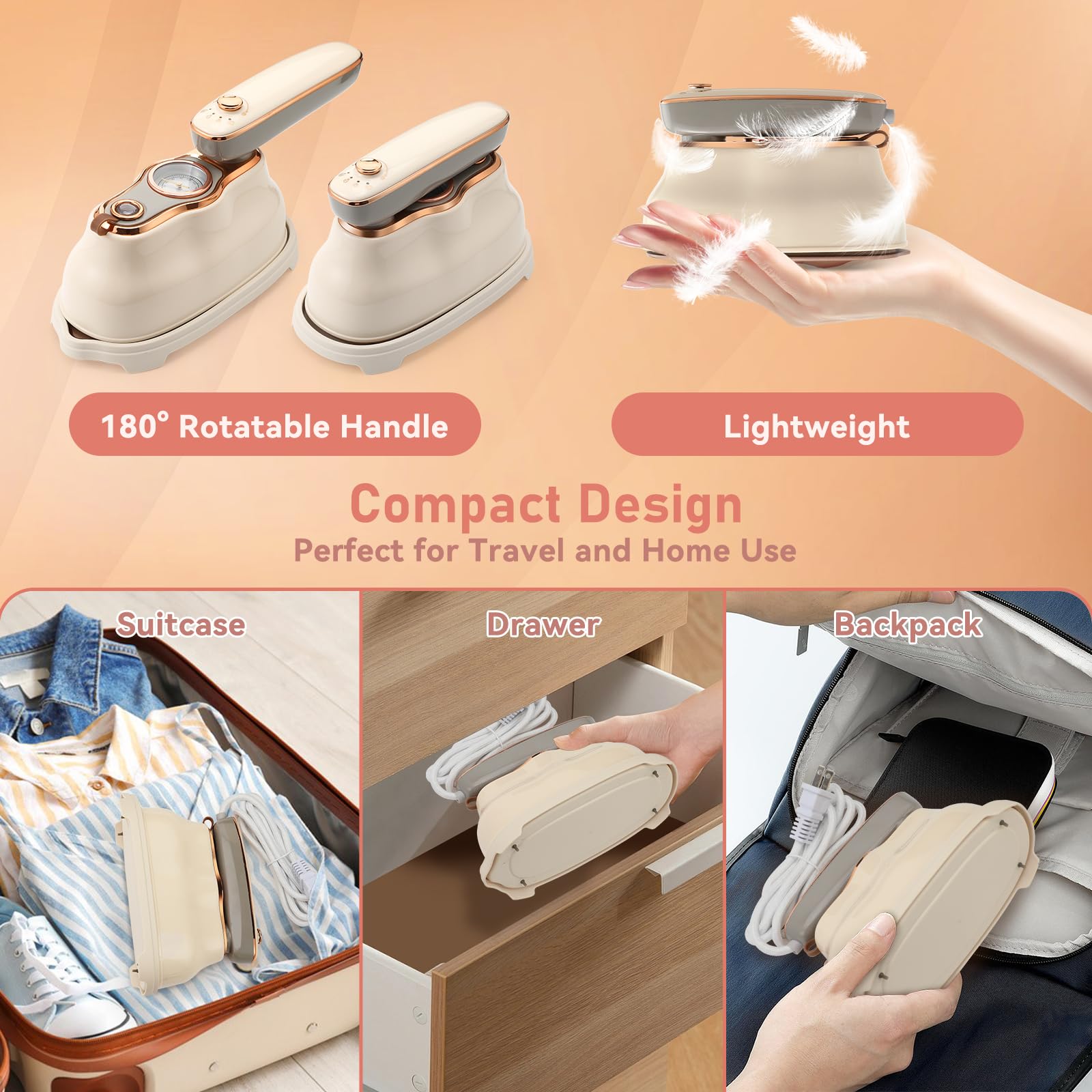 Steamer Iron for Clothes, Biupky 1200w Travel Steamer or Clothes Portable Mini, 180° Rotating Handheld Portable Steamer Mini Iron Travel Steamer for Clothes Travel Iron for Home and Travel