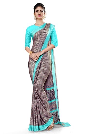 Uniform Sarees Corp Womens Paisley Print Italian Silk Crepe Staff Uniform Saree With Blouse (Brown;Sea Green)