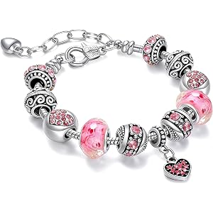 wmm Pink paired with silver plated pendant bracelet set, jewelry gift with beads, pendant, and adjustable snake chain, suitab
