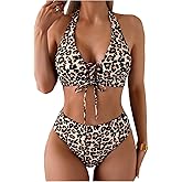 GORGLITTER Women's Cheetah Print High Waisted Bikini Set Y2K Cheeky Animal Leopard Halter Swimsuit Bathing Suit Swim