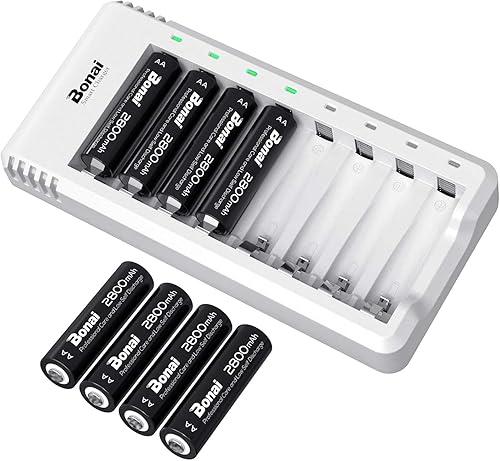BONAI AA Rechargeable Batteries With Charger Set 8 Pack - Independent Slot, USB Fast Charging, Input DC 5V 2A, Output 1.4V 250mA - 1000mA
