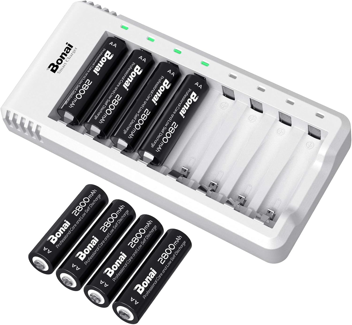 BONAI AA Rechargeable Batteries With Charger Set 8 Pack - Independent Slot, USB Fast Charging, Input DC 5V 2A, Output 1.4V 250mA - 1000mA