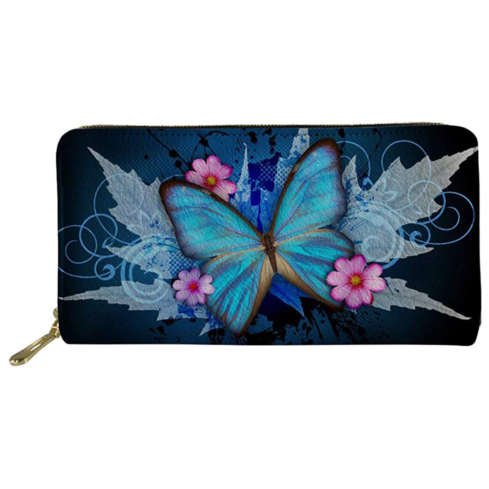 Pizding Women Fashion Long Clutch Purse Butterfly Print PU Leather Wallet Blue