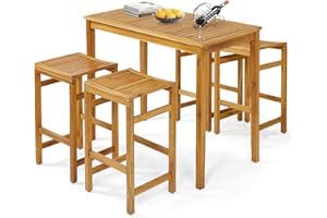 Tangkula 5 Piece Outdoor Acacia Wood Bar Table Set, 45" Rectangular High Top Table with 4 Saddle Seat Bar Height Stools, Space-Saving Patio Dining Set for 4, for Deck, Garden and Porch