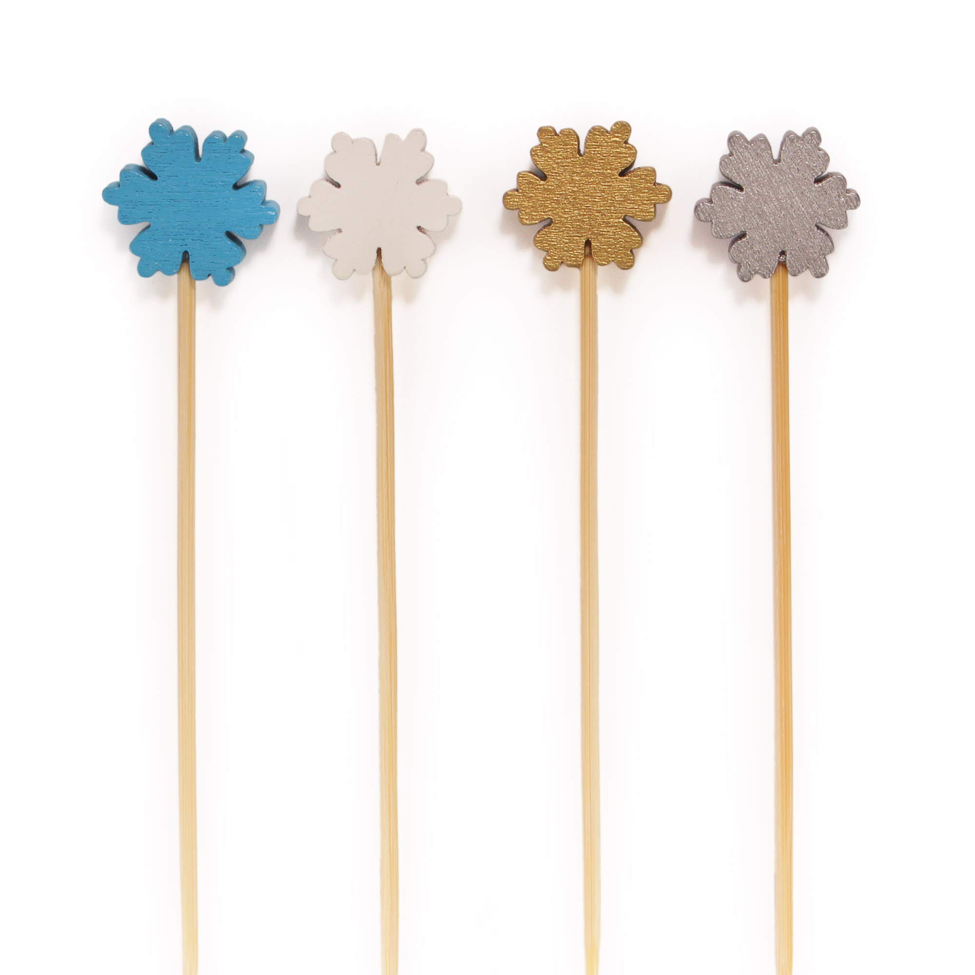 BambooMN - Winter Holiday Snowflake Bamboo Picks Skewers for Appetisers Desserts Cocktails - 4.7" (12cm) - Blue, White, Gold, Silver - 300pcs