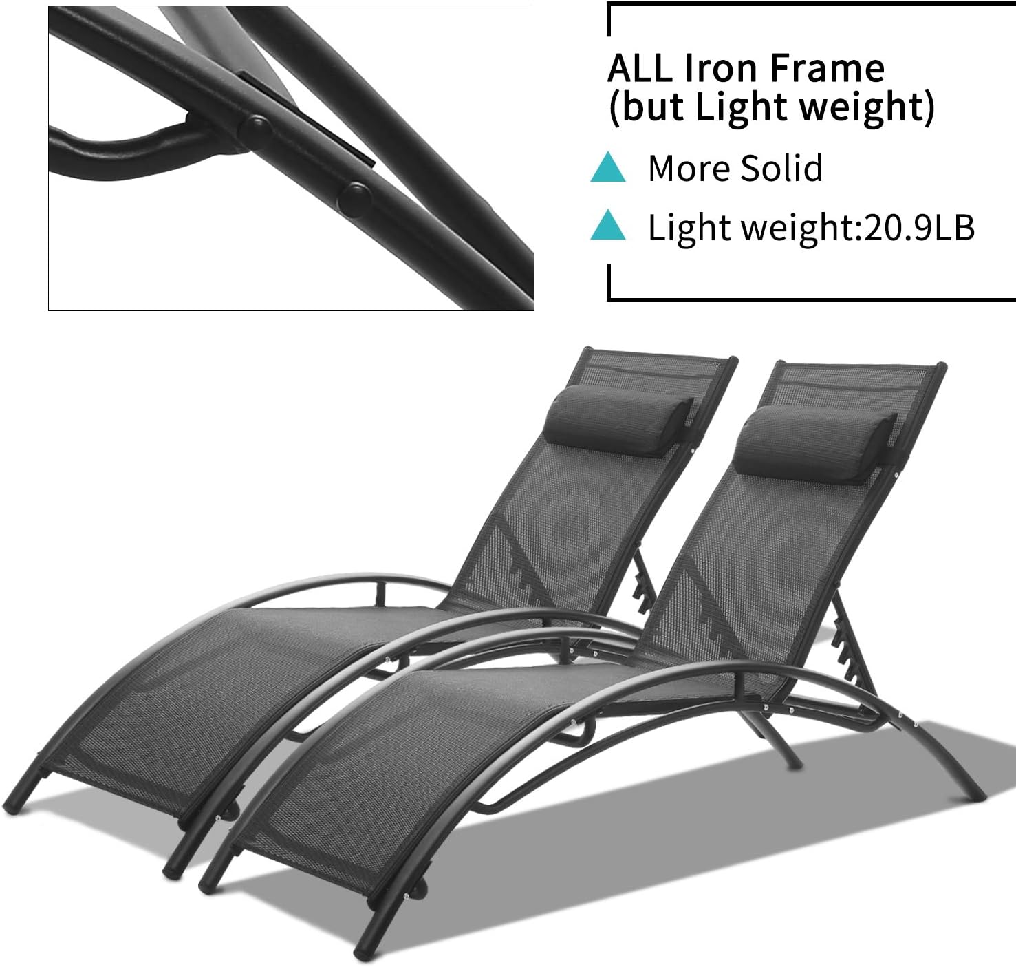 Patio Lounge Chairs Outdoor Pool Chaise Lounges Adjustable for All Weather for Beach Backyard（2-Pack Black: Kitchen & Dining