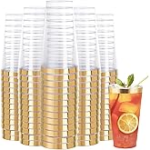 DaYammi 100 Pack Gold Plastic Cups 16 Oz Elegant Clear Plastic Cups Gold Rimmed Disposable Wine Glasses Fancy Disposable Party Cup Wedding Cup Drinking Tumblers Cocktail Glasses with Gold Rim