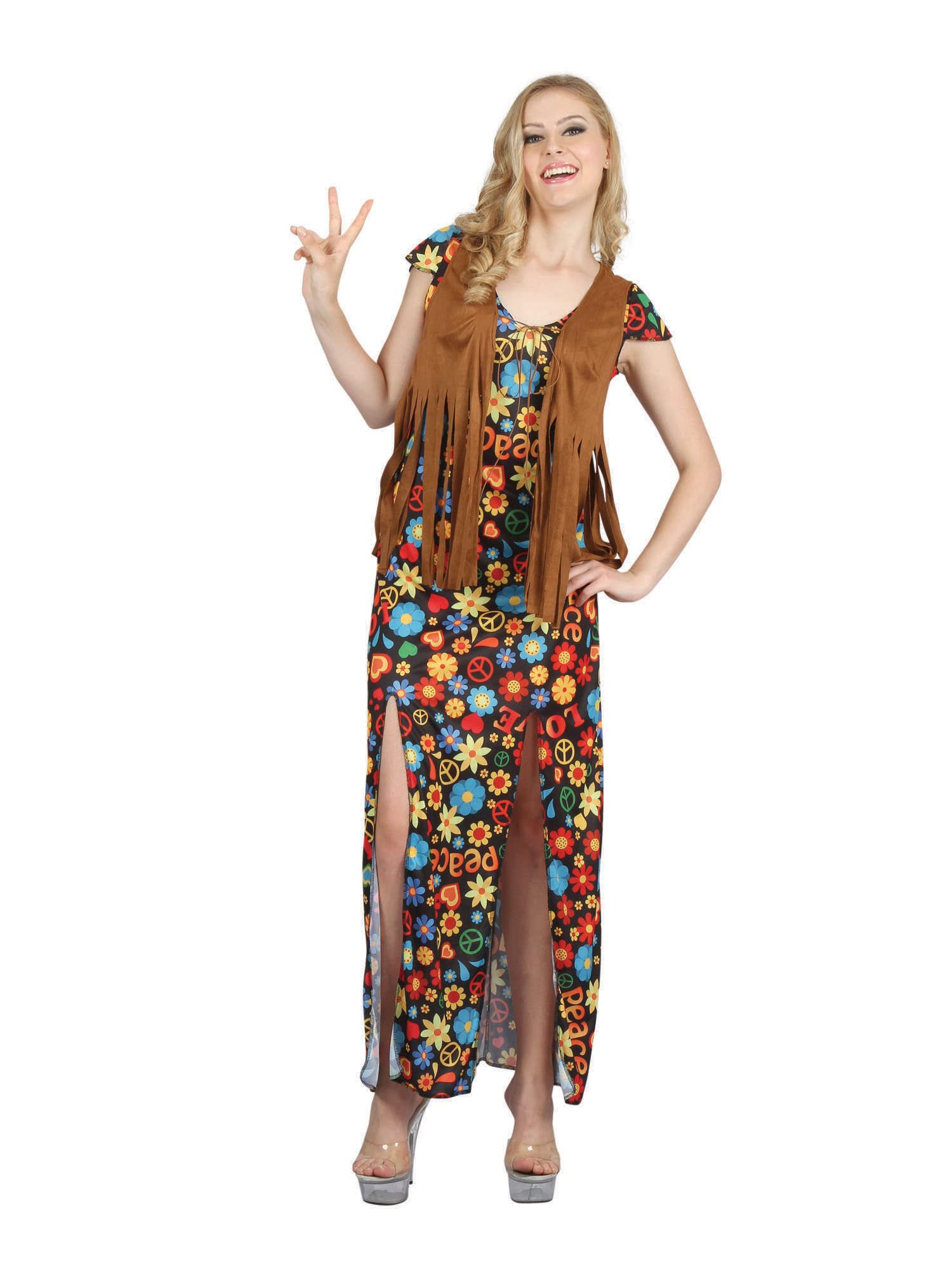 Rubies Multicolor Hippy Long Dress with Waistcoat Costume Set for Women - Chic Design, Perfect for Festivals, Summer Parties, Casual Wear, & More Halloween