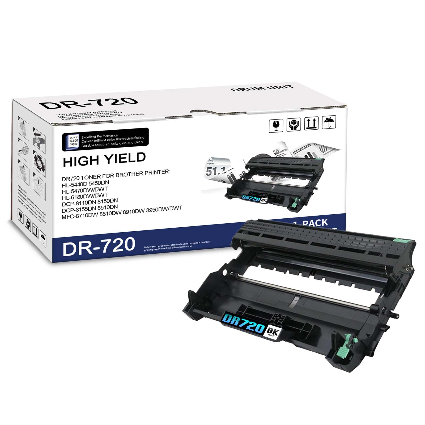 Photo 1 of 1-Pack DR720 High Yield Black Drum Unit, Replacement for Brother HL-5440D 5450DN 5470DW/DWT 6180DW/DWT DCP-8110DN 8150DN 8155DN 8510DN MFC-8710DW 8810DW 8910DW 8950DW/DWT Printer