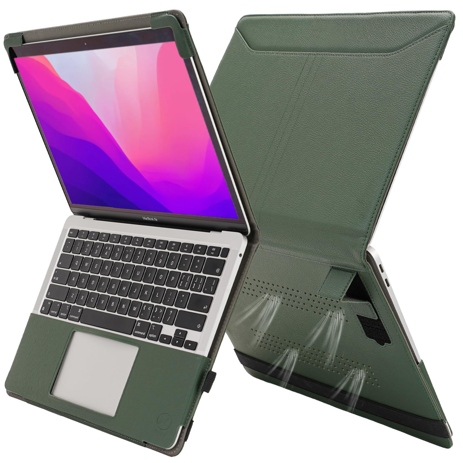 TYTX Compatible with MacBook Air 13 Inch Leather Case with Vents and Stand Function 2021-2018 (A2337 A2179 A1932) Retina Display with Touch ID,Protective Leather Case Cover for Laptop, Green