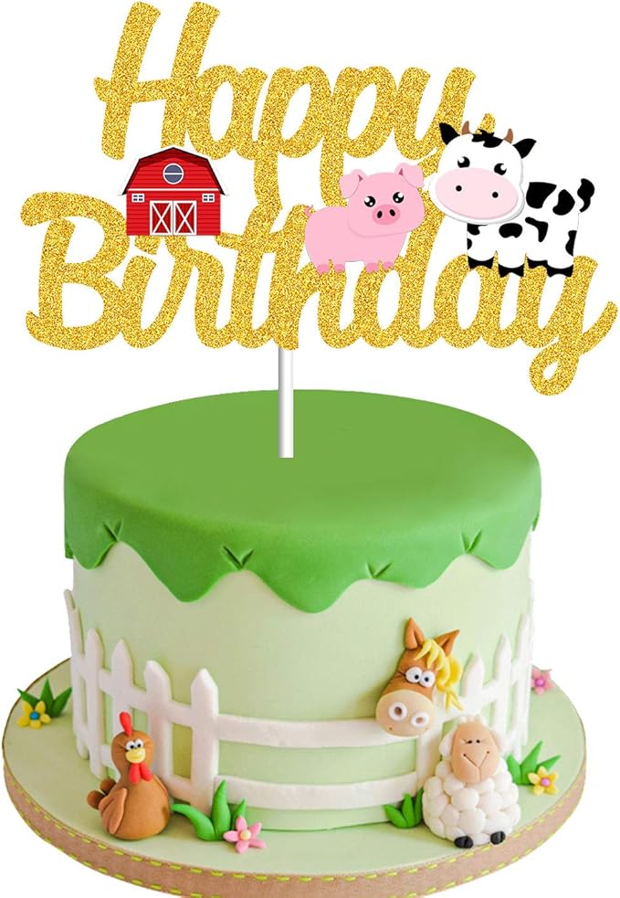 Farm Happy Birthday Cake Topper Barn Cow Pink