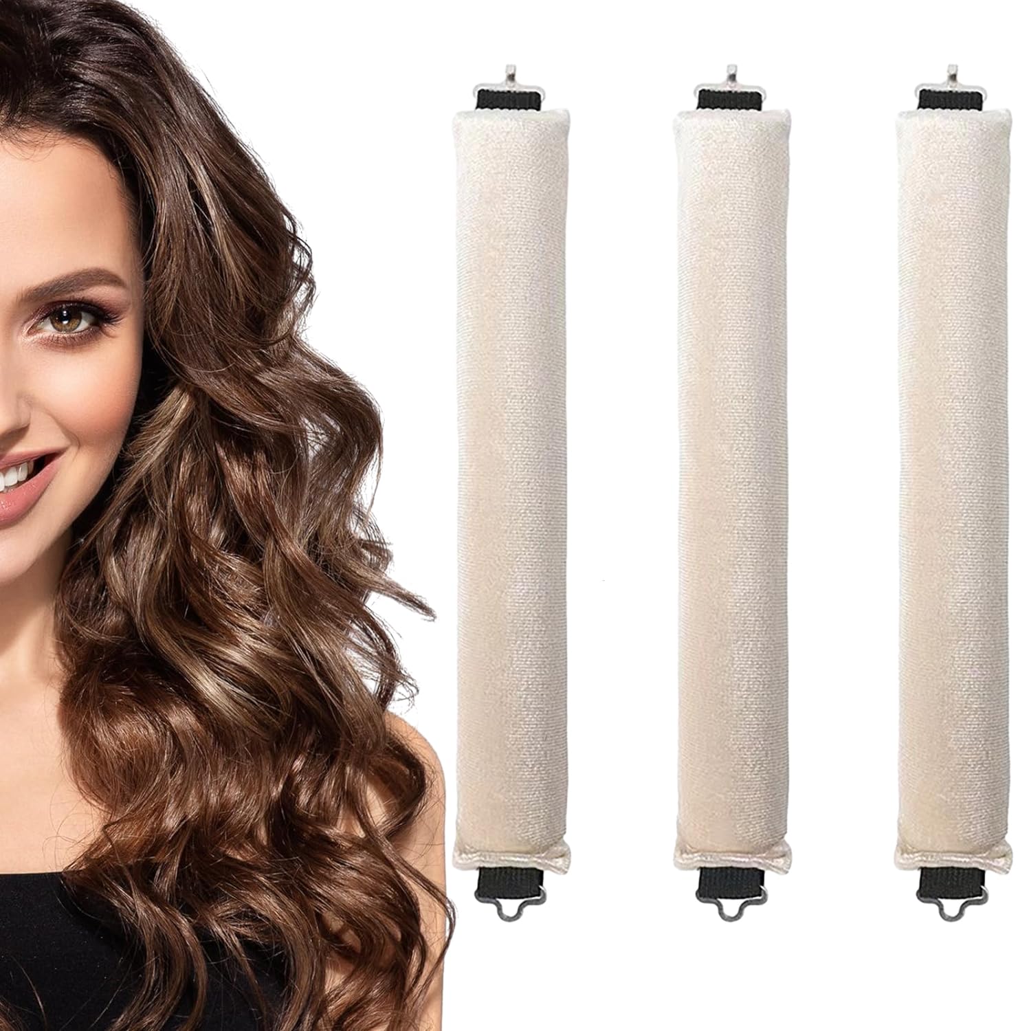 3PCS Sleep In Heatless Curlers No Heat Curler Roller for Long Medium Hair Overnight Heatless Curls Curling Rod for Big Waves, Soft Velvet Thick Flexi Rods with Hook (Beige)