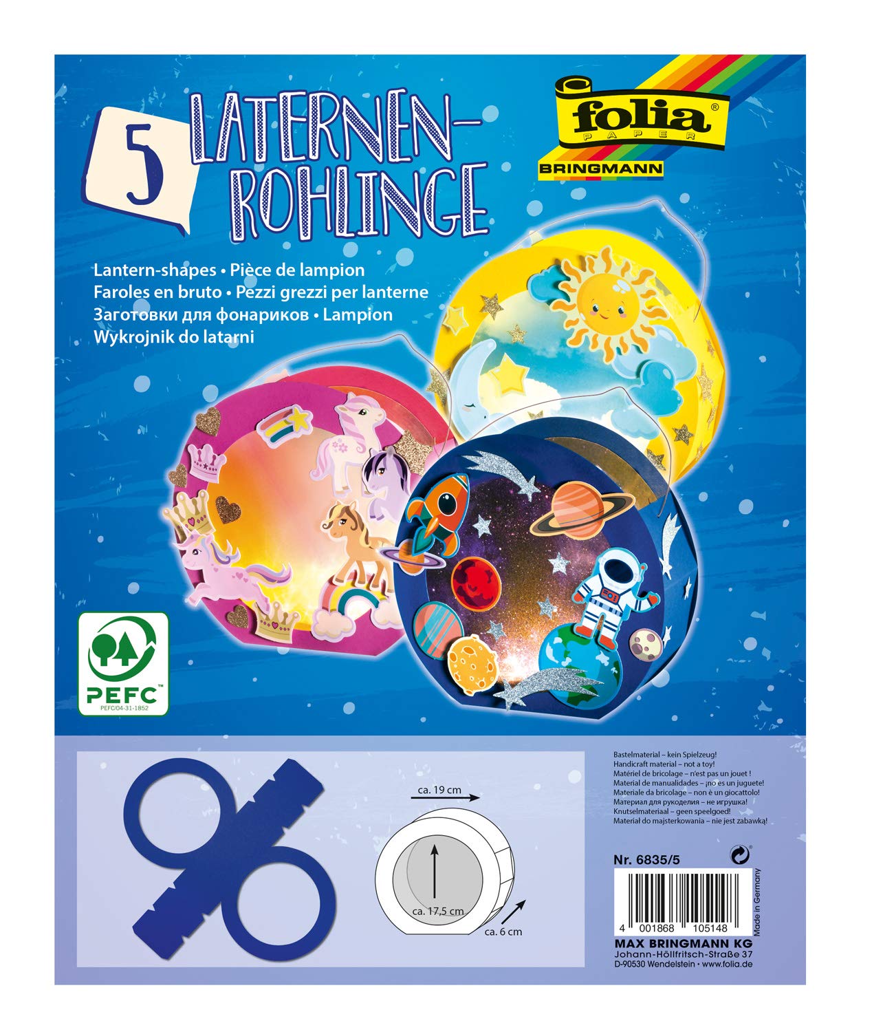 folia 6835/5 Round Lanterns Blanks Made of Photo Card 5 Pieces in Royal Blue for Gluing Together, Diameter Approx. 19 cm, Window Cut-Out Approx. 13.5 cm