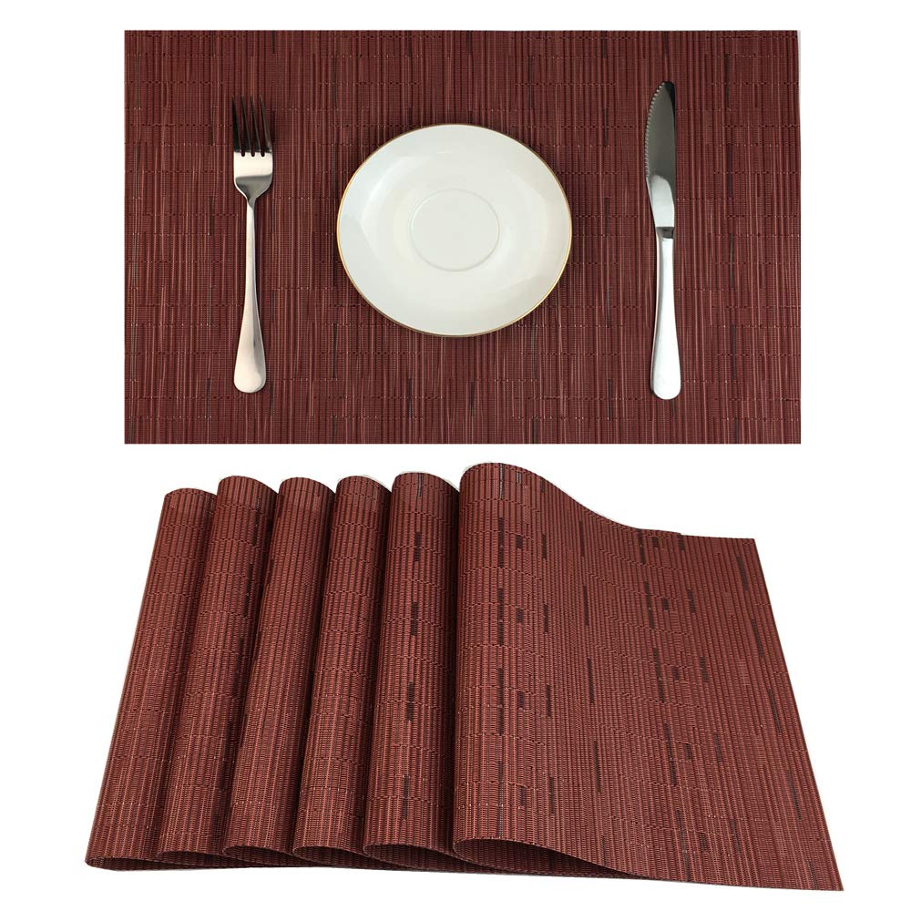 Red-A Placemats Set of 6 for Dining Table Heat-Resistant Washable Place Mats Woven Vinyl Kitchen Table Mats Easy to Clean,Wine red