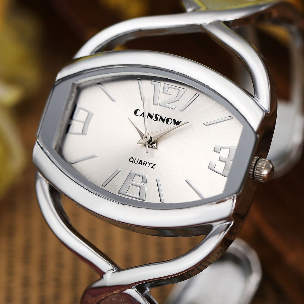 Top Plaza Women Fashion Luxury Silver Tone Bangle Cuff Cross Band Arabic Numeral Quartz Watch